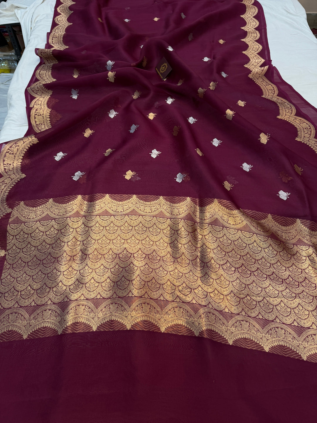 Wine Pure Kora Silk Handloom Banarasi Saree