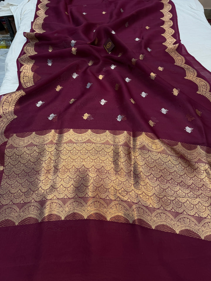 Wine Pure Kora Silk Handloom Banarasi Saree