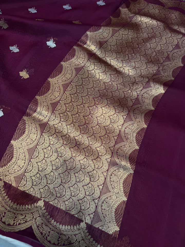 Wine Pure Kora Silk Handloom Banarasi Saree