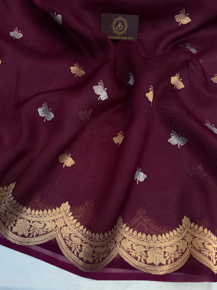 Wine Pure Kora Silk Handloom Banarasi Saree