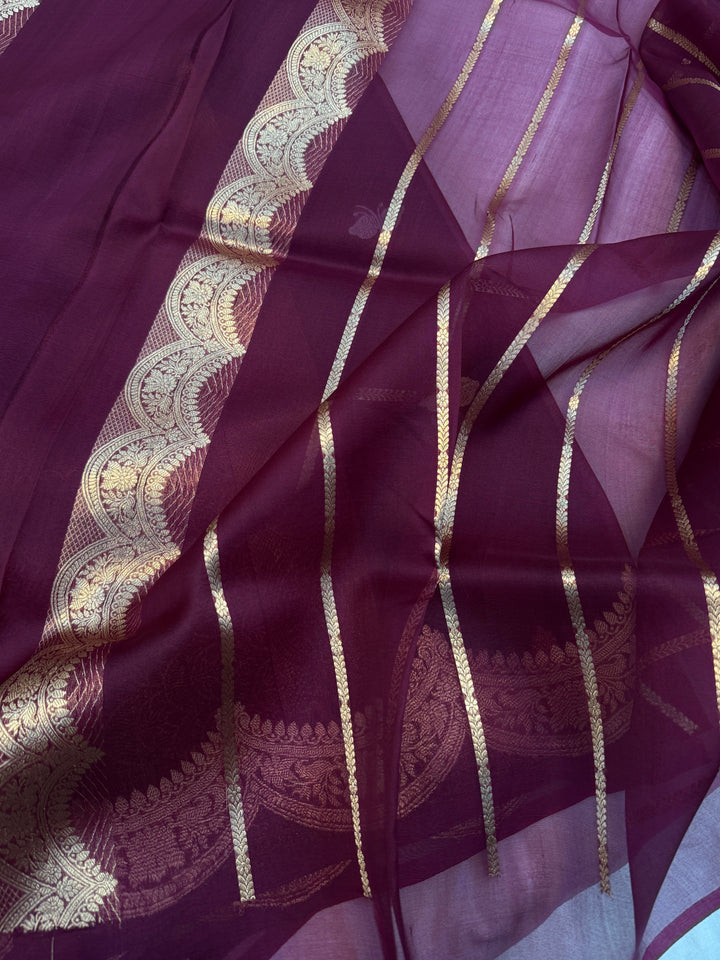 Wine Pure Kora Silk Handloom Banarasi Saree