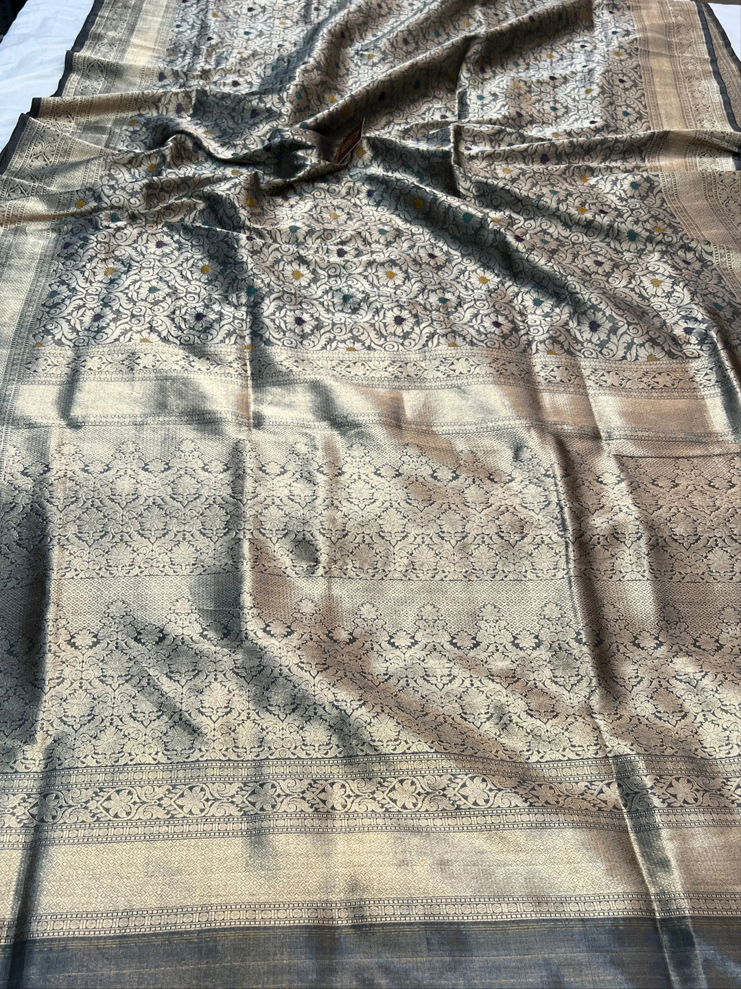 Black Pure Katan Tissue Silk Banarasi Saree with Meenakari Brocade