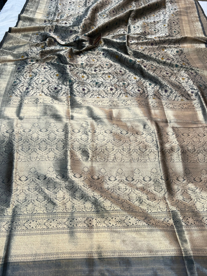 Black Pure Katan Tissue Silk Banarasi Saree with Meenakari Brocade