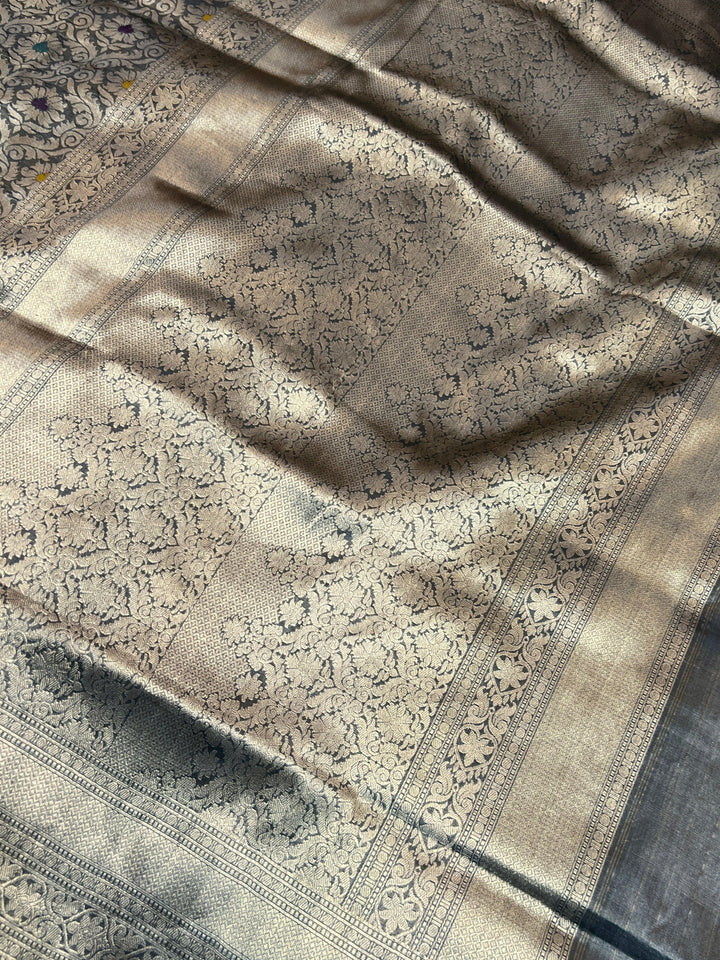 Black Pure Katan Tissue Silk Banarasi Saree with Meenakari Brocade