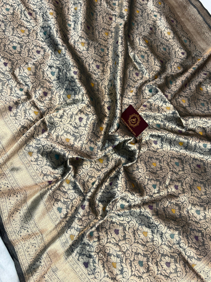 Black Pure Katan Tissue Silk Banarasi Saree with Meenakari Brocade