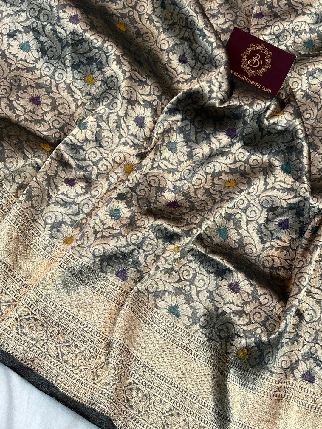 Black Pure Katan Tissue Silk Banarasi Saree with Meenakari Brocade