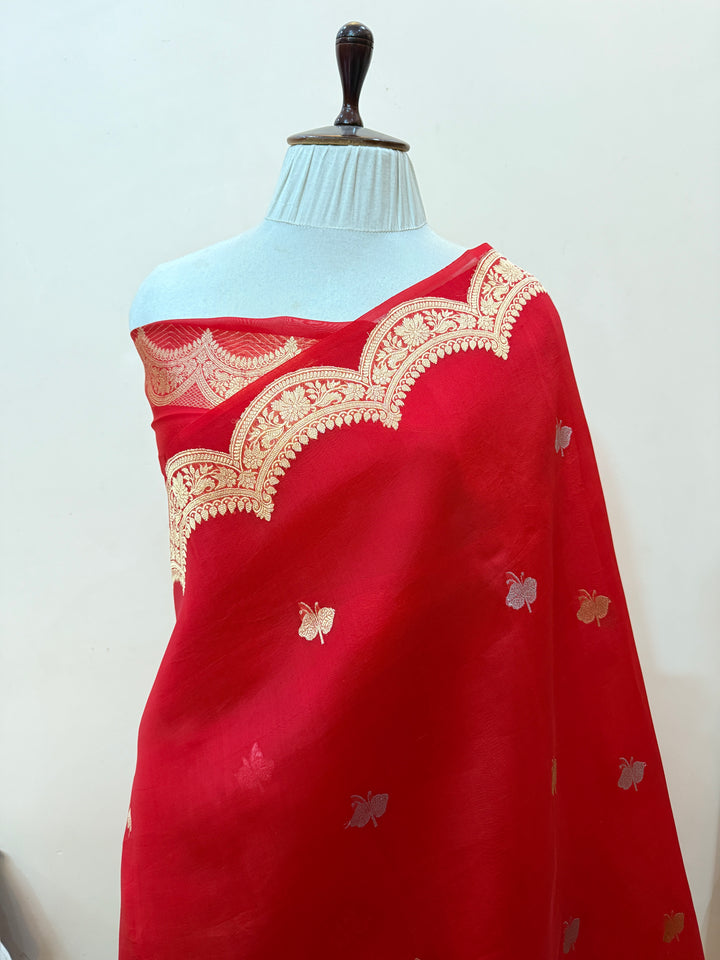 Red Pure Kora Silk Handloom Banarasi Saree