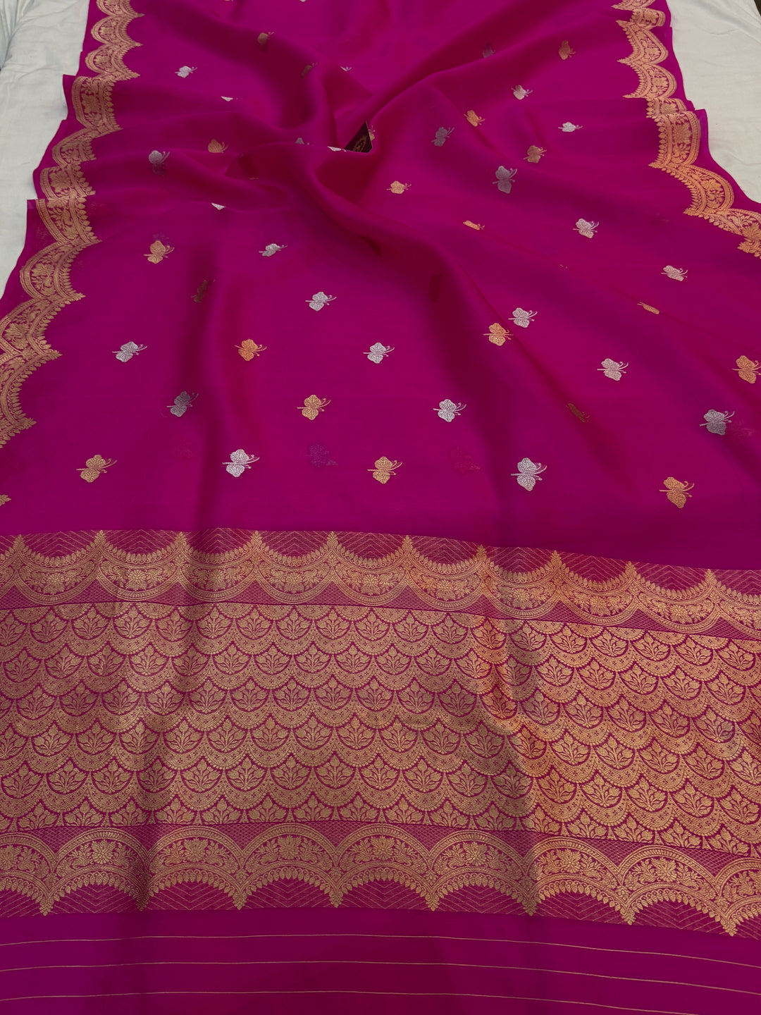Rani Pink Pure Kora Silk Handloom Banarasi Saree