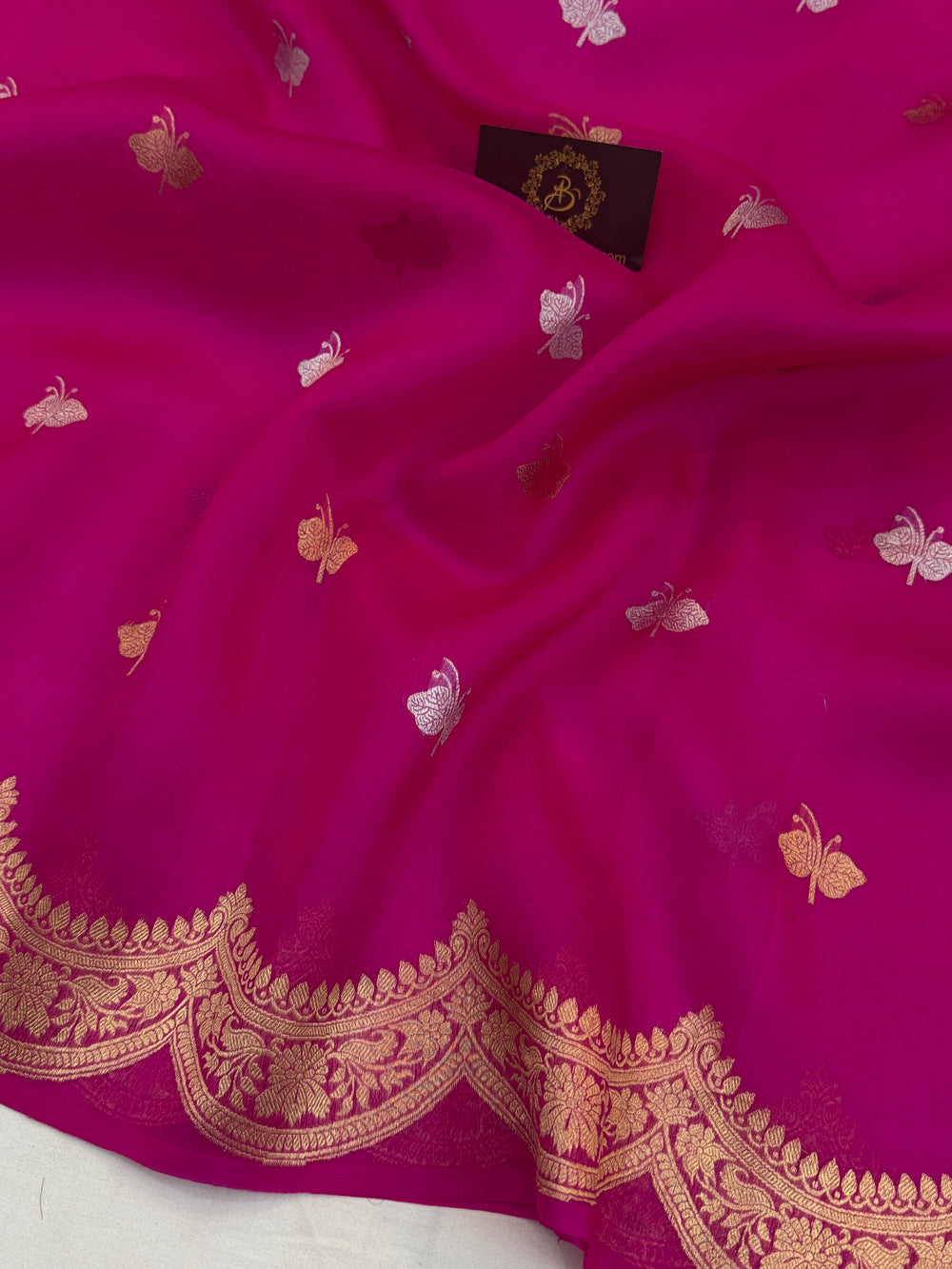 Rani Pink Pure Kora Silk Handloom Banarasi Saree