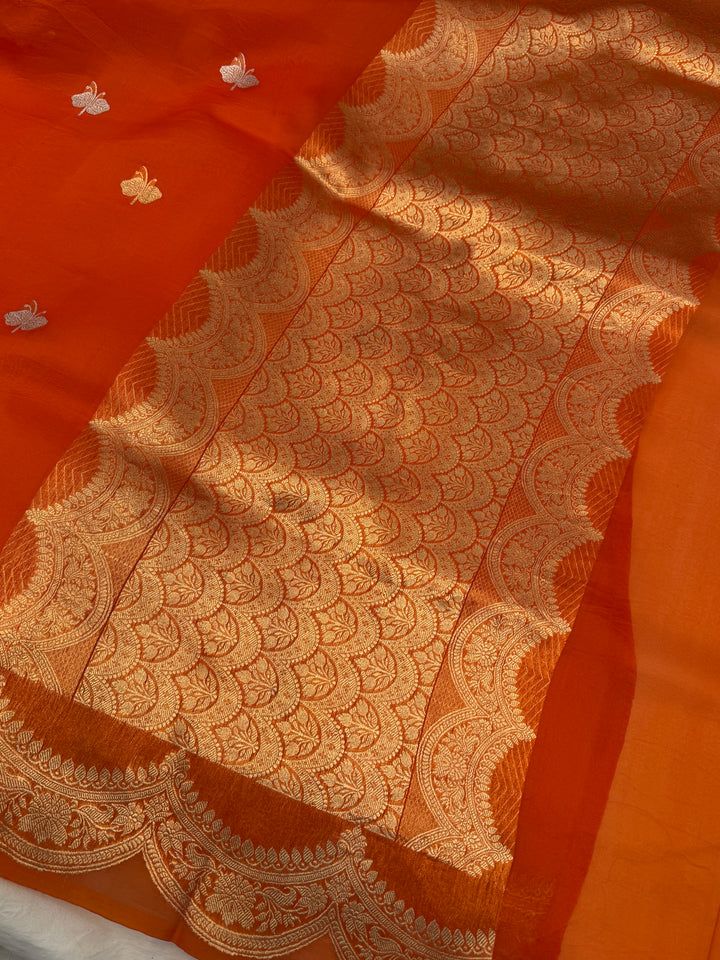 Orange Pure Kora Silk Handloom Banarasi Saree