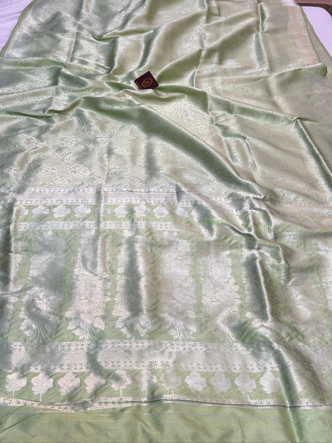 Pista Green Pure Katan Silk Banarasi Saree with Floral Brocade Work