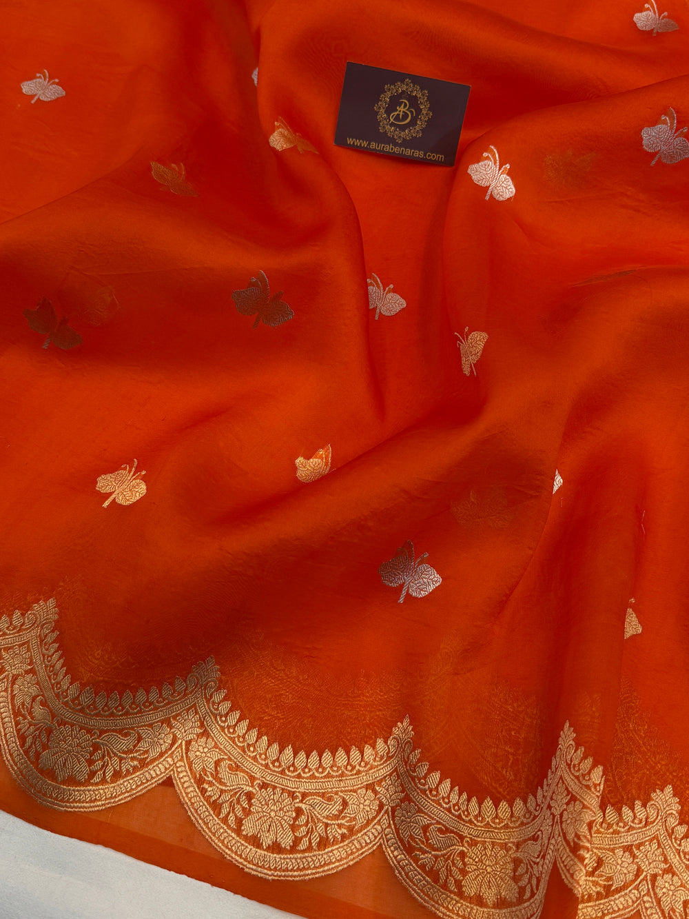Orange Pure Kora Silk Handloom Banarasi Saree
