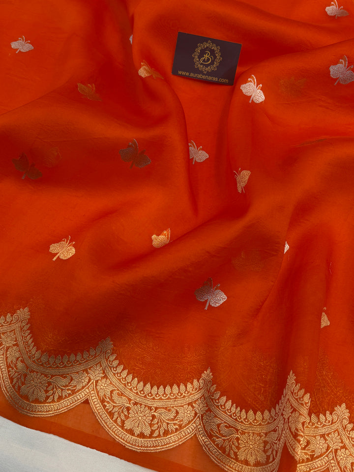 Orange Pure Kora Silk Handloom Banarasi Saree