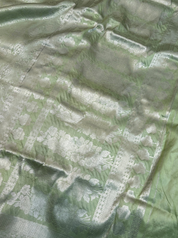 Pista Green Pure Katan Silk Banarasi Saree with Floral Brocade Work
