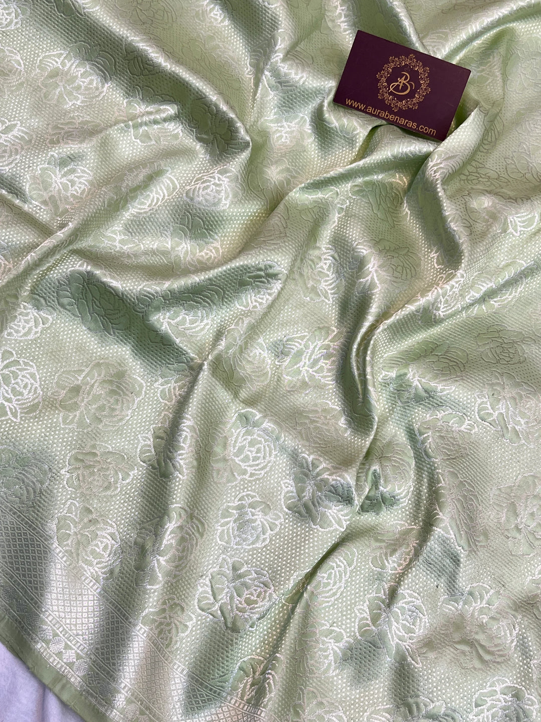 Pista Green Pure Katan Silk Banarasi Saree with Floral Brocade Work