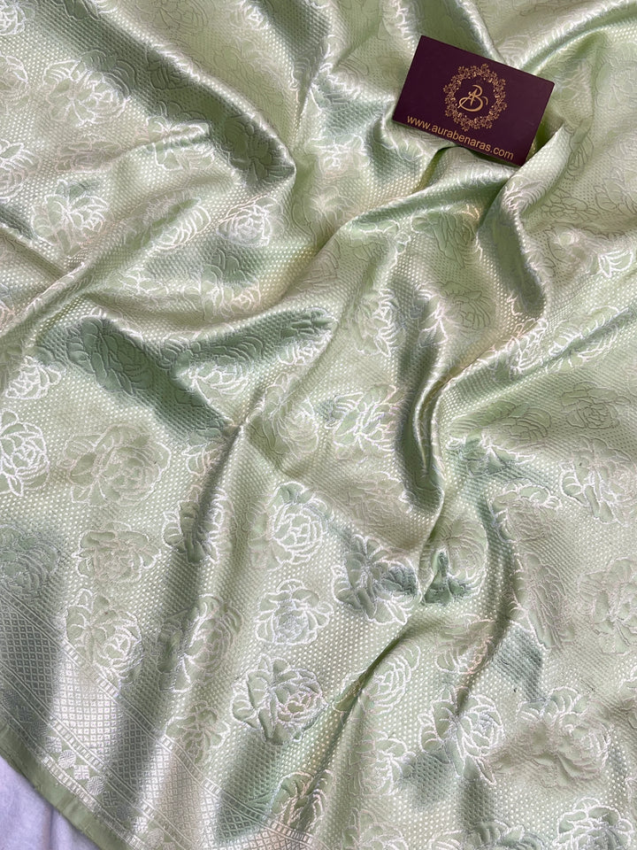 Pista Green Pure Katan Silk Banarasi Saree with Floral Brocade Work