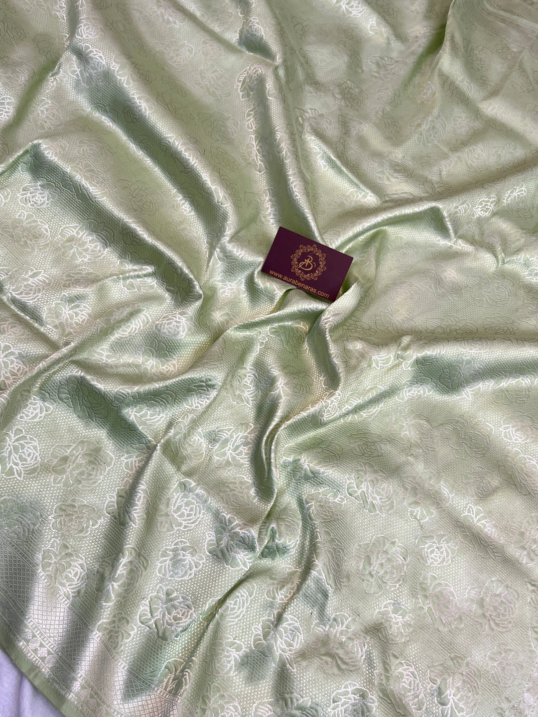 Pista Green Pure Katan Silk Banarasi Saree with Floral Brocade Work