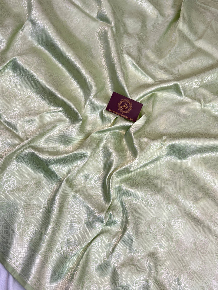 Pista Green Pure Katan Silk Banarasi Saree with Floral Brocade Work