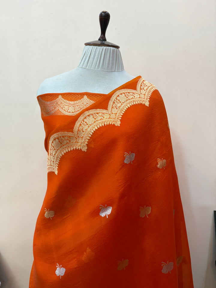 Orange Pure Kora Silk Handloom Banarasi Saree