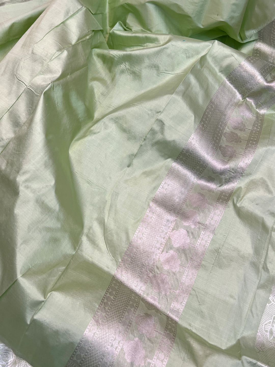 Pista Green Pure Katan Silk Banarasi Saree with Floral Brocade Work