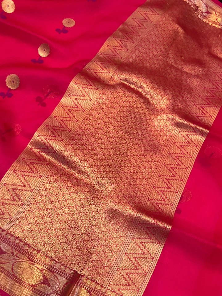 Rani Pink Pure Kora Silk Handloom Banarasi Saree