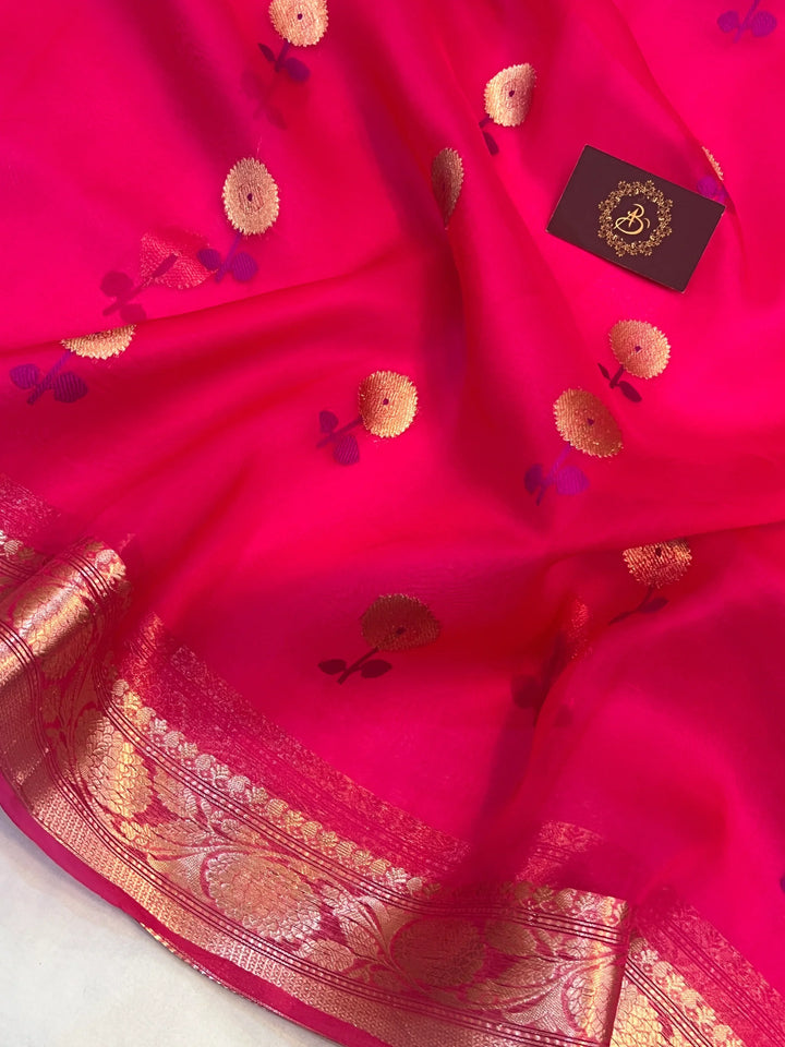 Rani Pink Pure Kora Silk Handloom Banarasi Saree