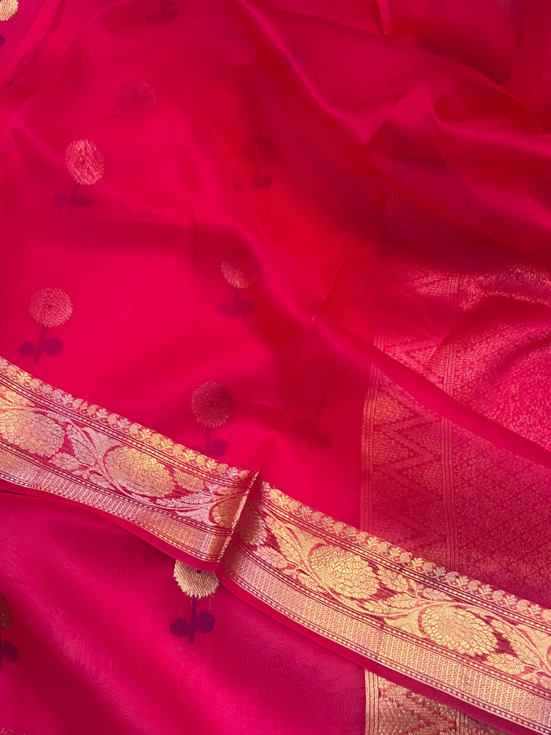 Rani Pink Pure Kora Silk Handloom Banarasi Saree