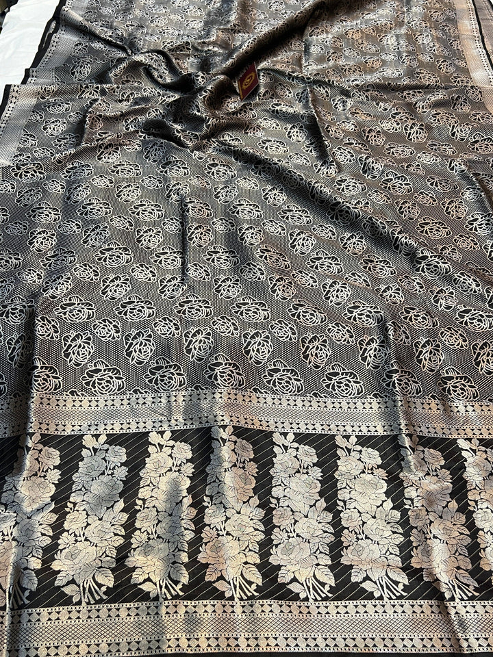 Black Pure Katan Silk Banarasi Saree with Floral Brocade Work