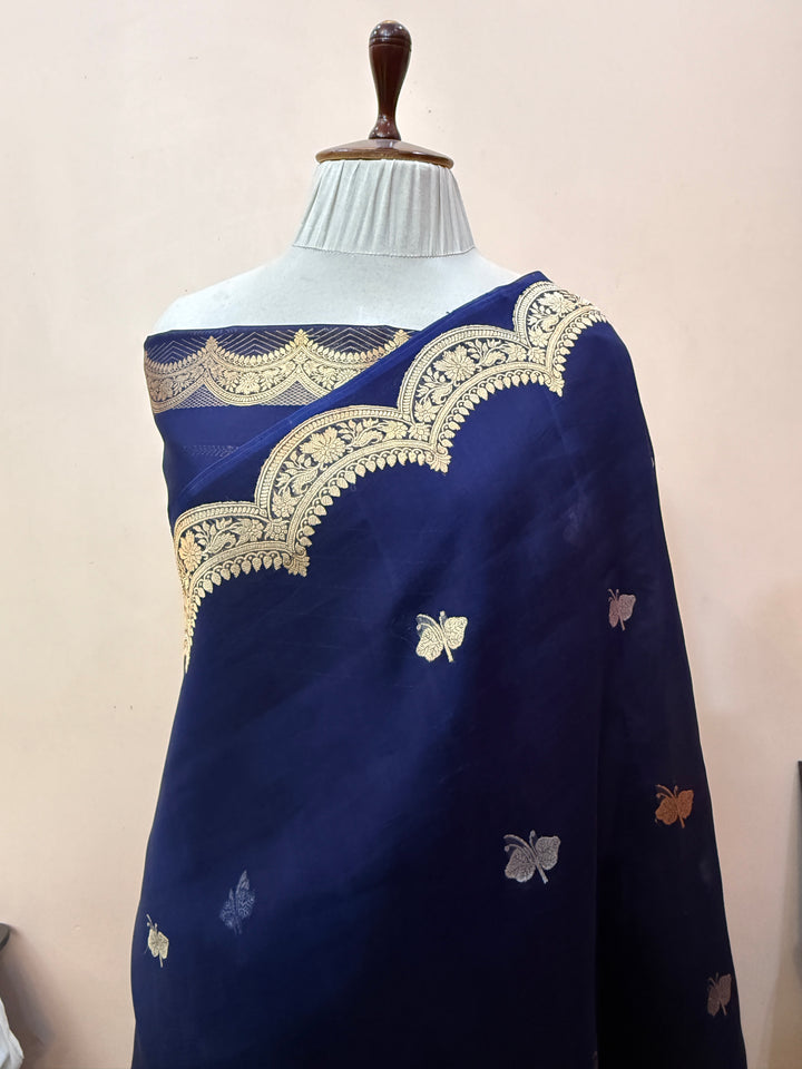 Navy Pure Kora Silk Handloom Banarasi Saree