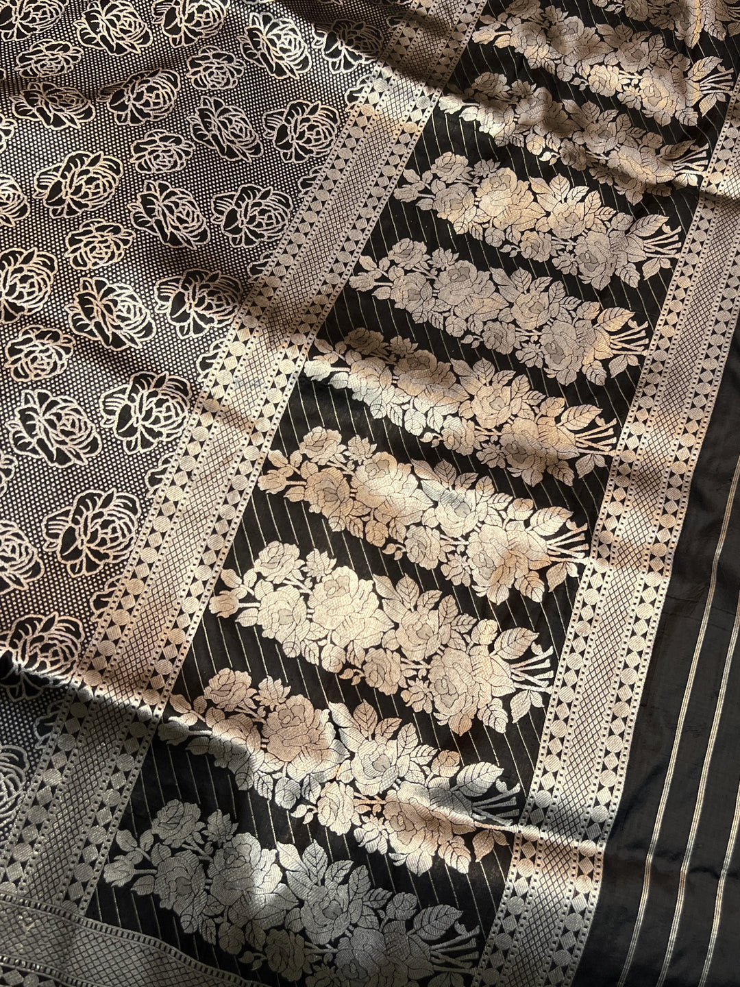 Black Pure Katan Silk Banarasi Saree with Floral Brocade Work