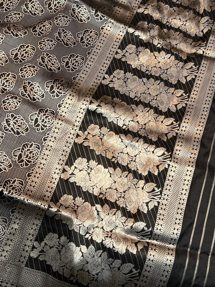 Black Pure Katan Silk Banarasi Saree with Floral Brocade Work