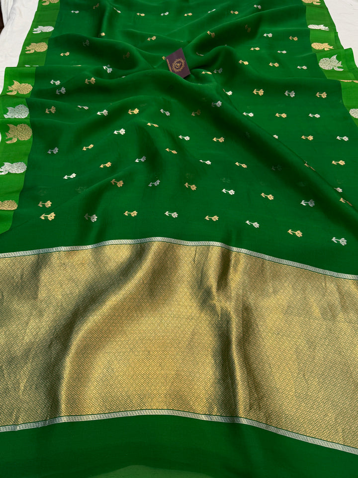 Green Pure Kora Silk Handloom Banarasi Saree