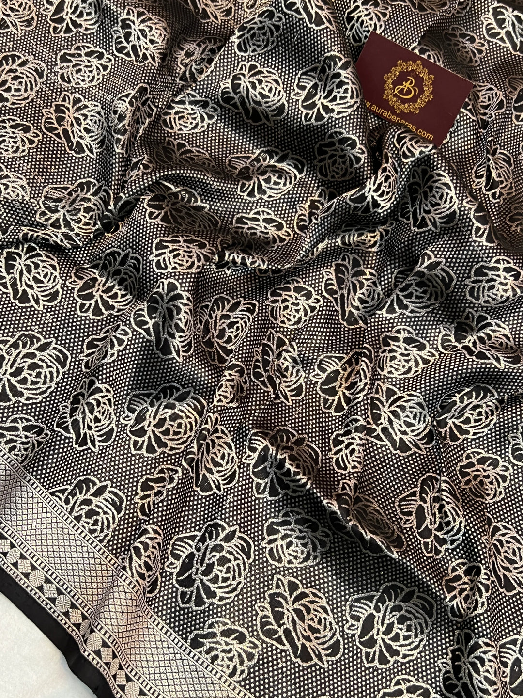 Black Pure Katan Silk Banarasi Saree with Floral Brocade Work