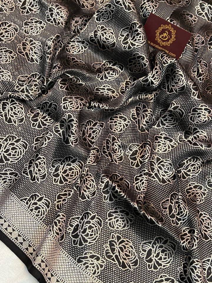 Black Pure Katan Silk Banarasi Saree with Floral Brocade Work