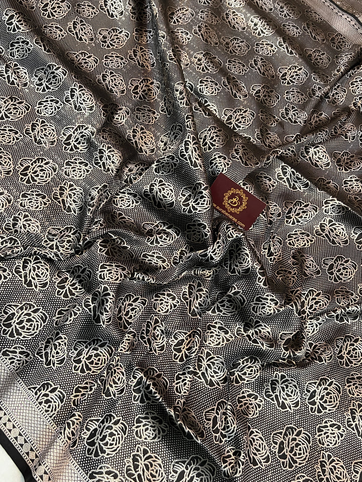 Black Pure Katan Silk Banarasi Saree with Floral Brocade Work