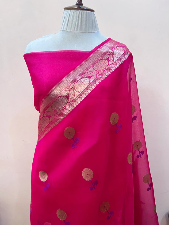 Rani Pink Pure Kora Silk Handloom Banarasi Saree