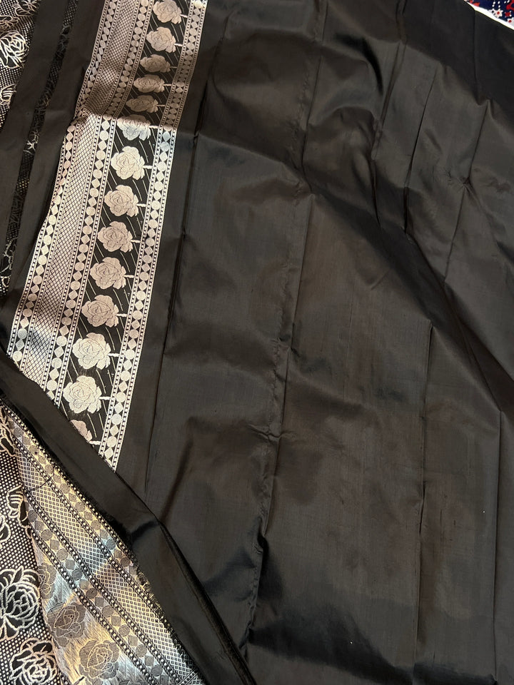 Black Pure Katan Silk Banarasi Saree with Floral Brocade Work
