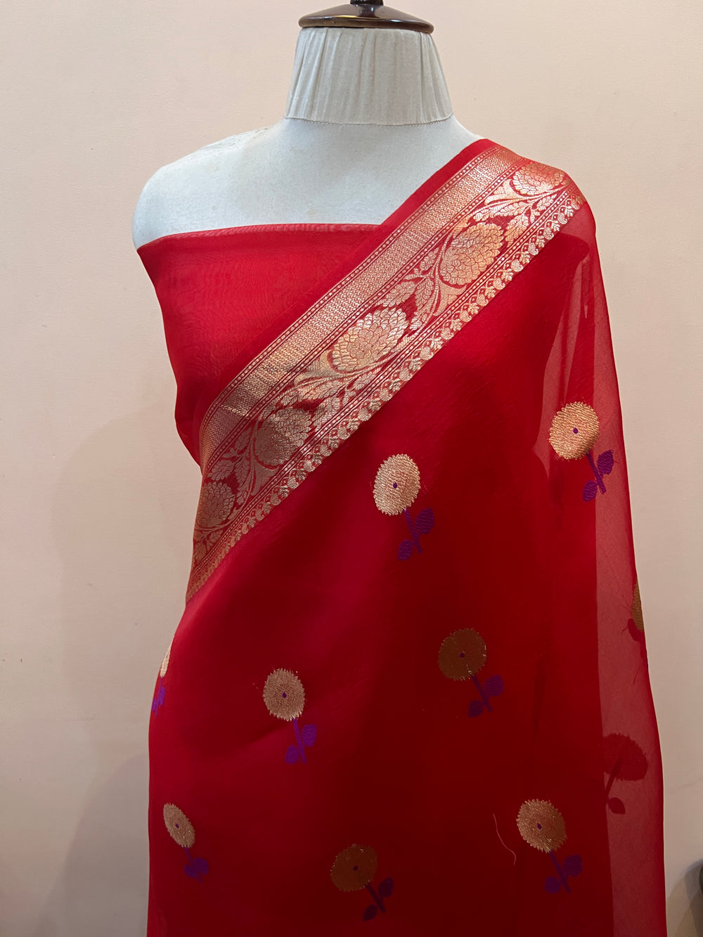 Red Pure Kora Silk Handloom Banarasi Saree