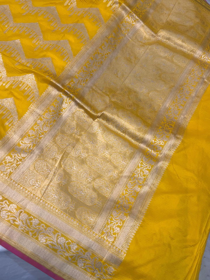 Yellow Pure Banarasi Handloom Katan Silk Saree - Aura Benaras