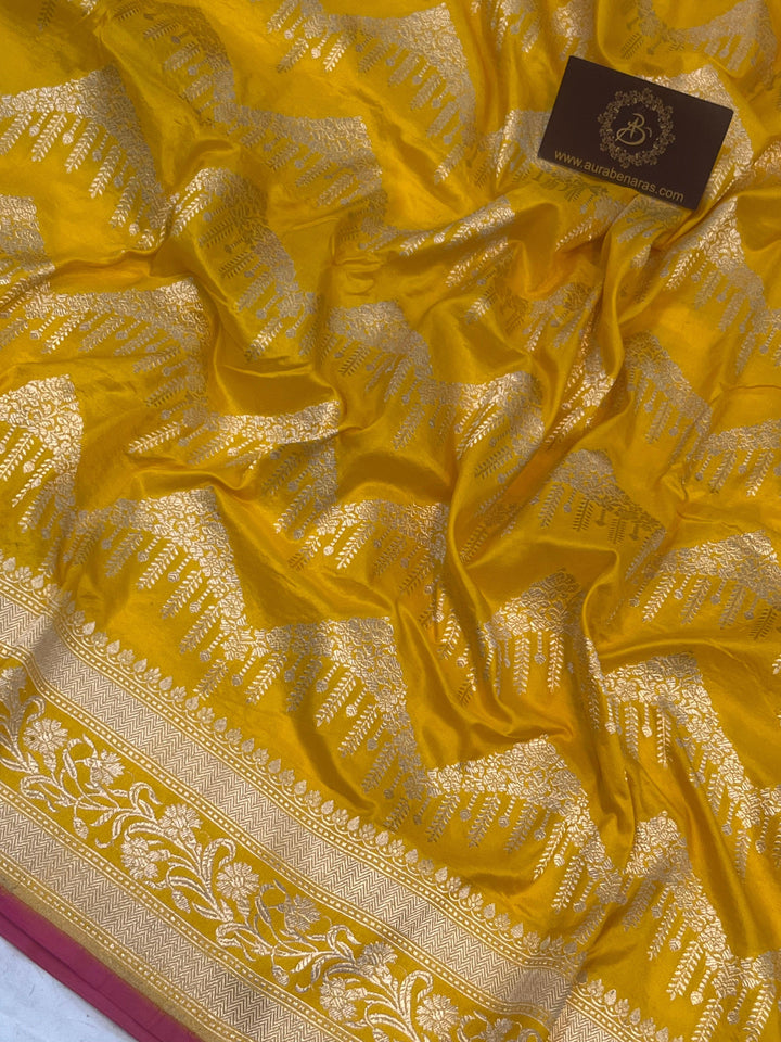 Yellow Pure Banarasi Handloom Katan Silk Saree - Aura Benaras