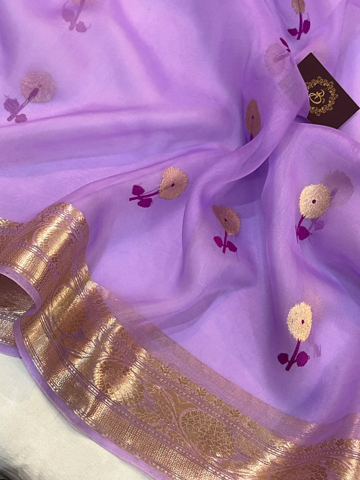 Lavender Pure Kora Silk Handloom Banarasi Saree