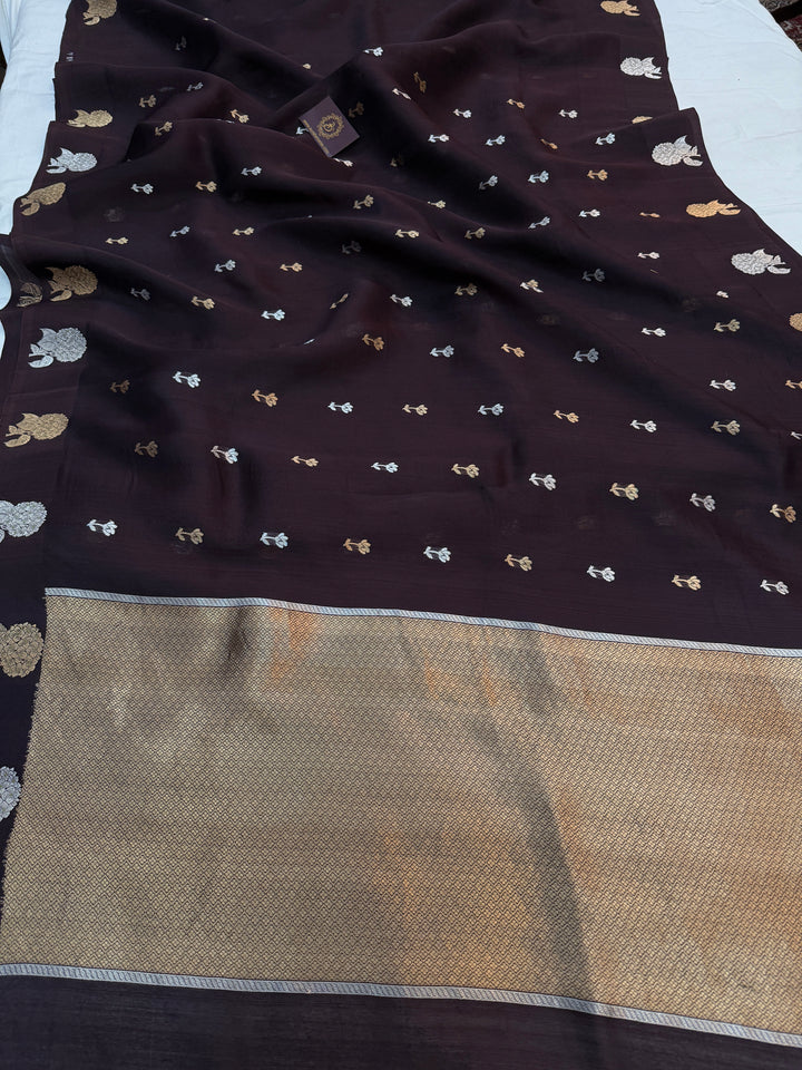 Brown Pure Kora Silk Handloom Banarasi Saree