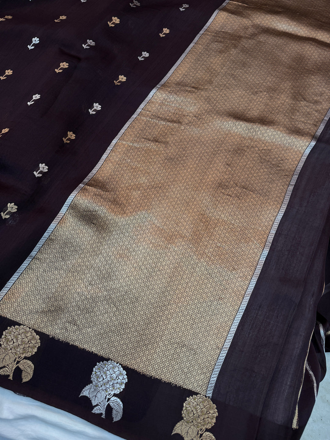 Brown Pure Kora Silk Handloom Banarasi Saree