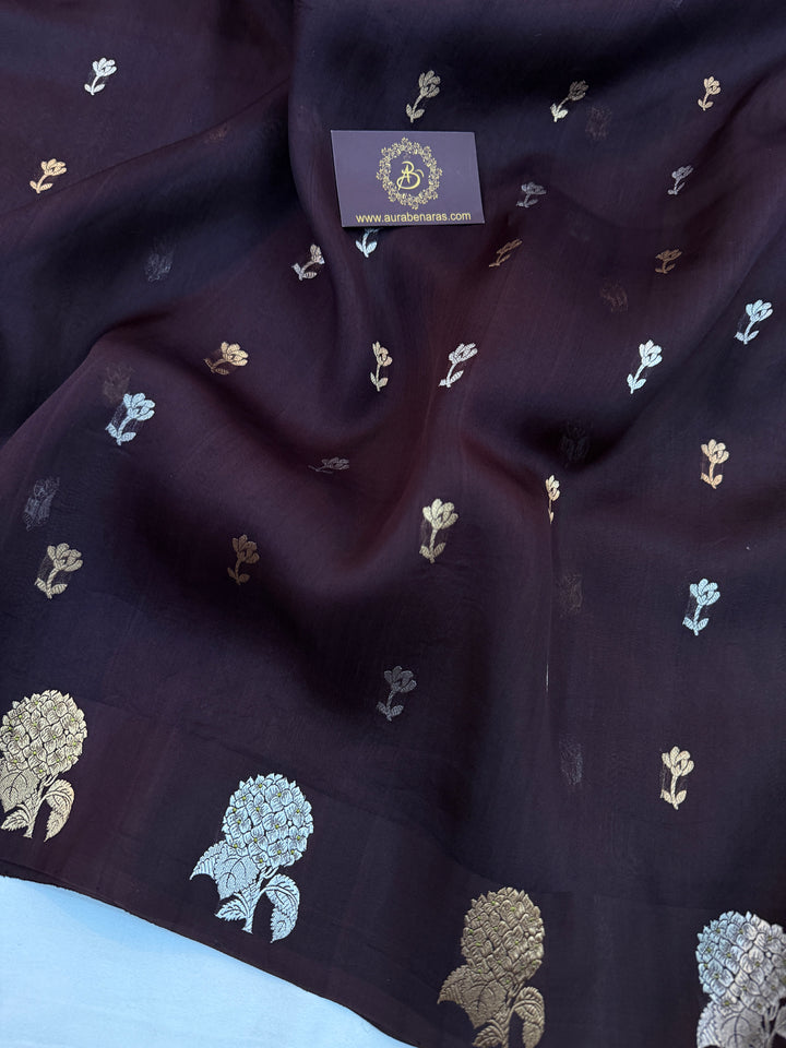 Brown Pure Kora Silk Handloom Banarasi Saree