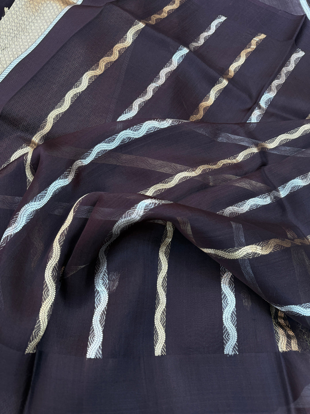 Brown Pure Kora Silk Handloom Banarasi Saree