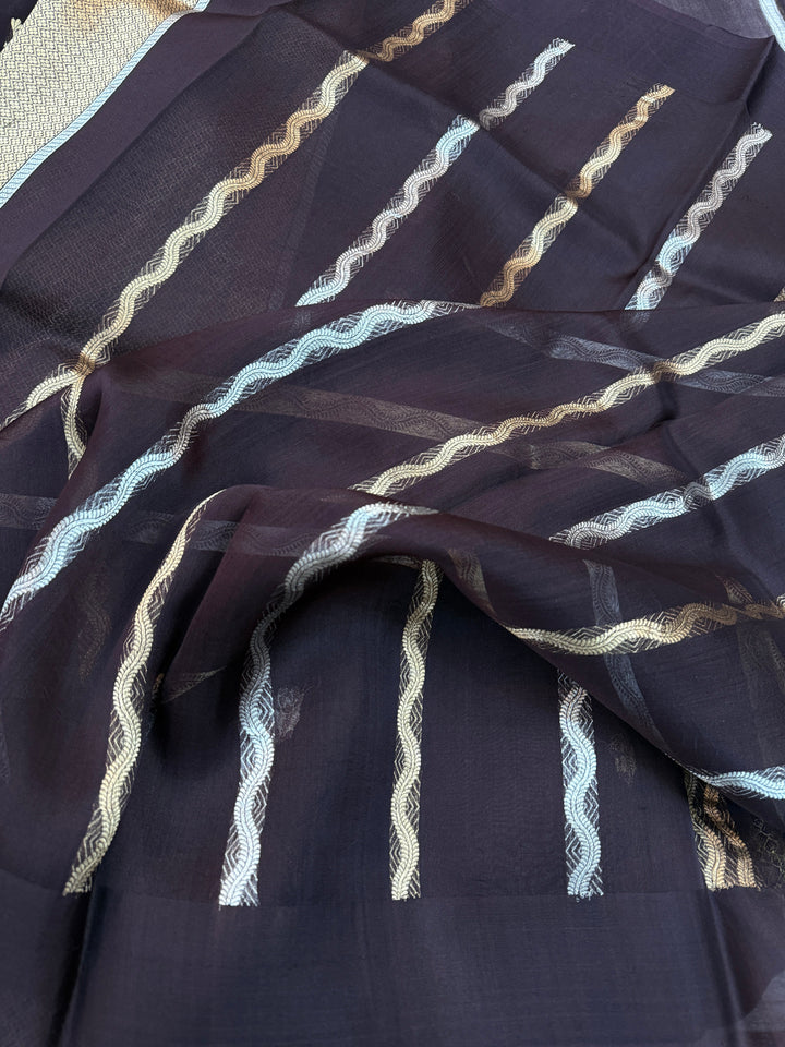 Brown Pure Kora Silk Handloom Banarasi Saree