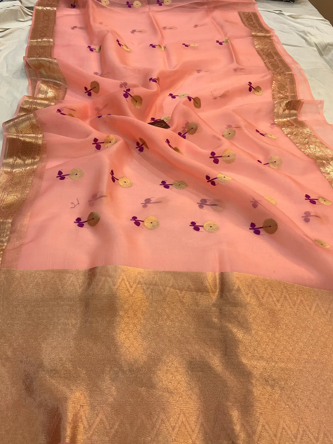 Peach Pure Kora Silk Handloom Banarasi Saree