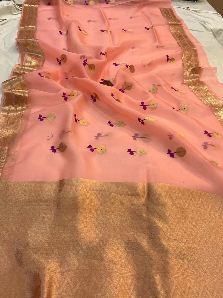 Peach Pure Kora Silk Handloom Banarasi Saree
