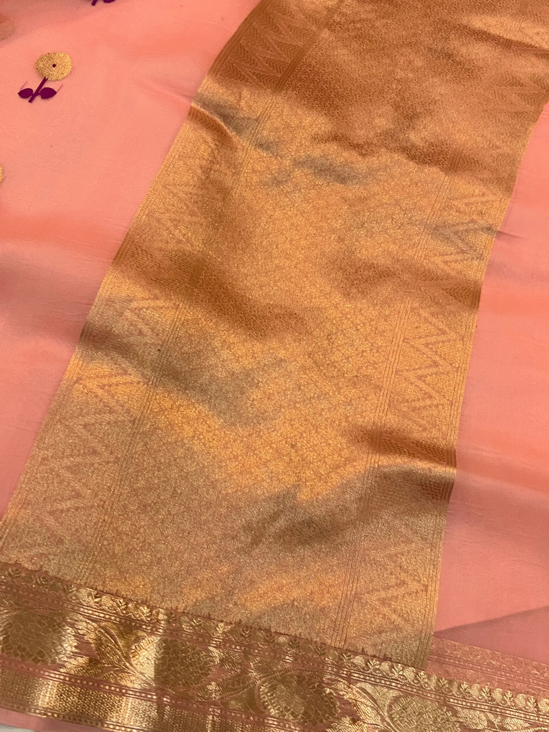 Peach Pure Kora Silk Handloom Banarasi Saree