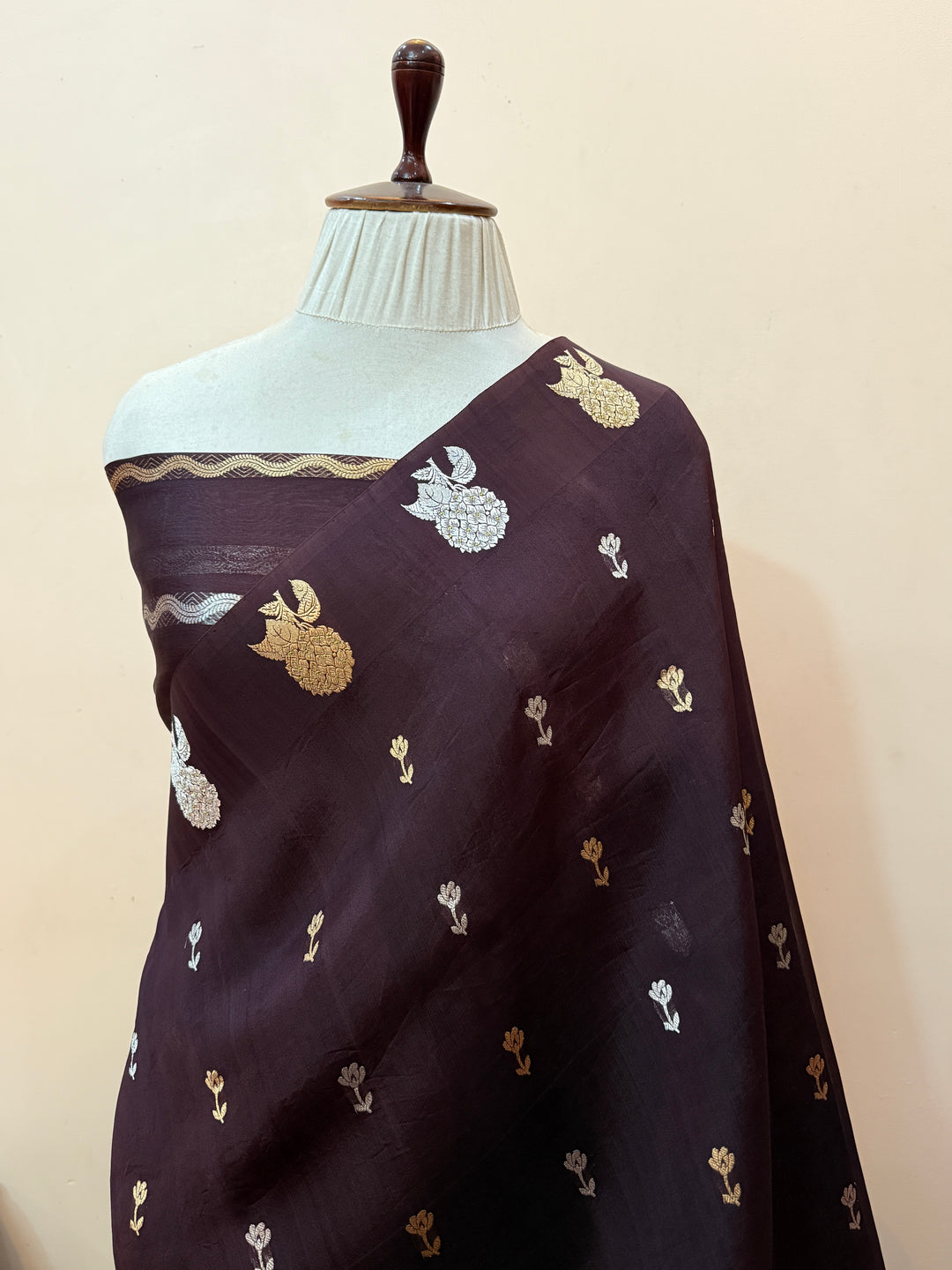 Brown Pure Kora Silk Handloom Banarasi Saree